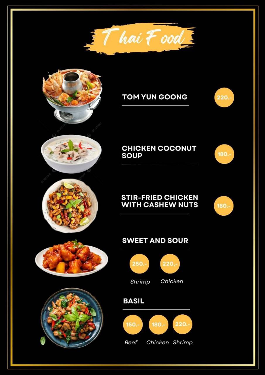 Thai food menu featuring Tom Yum Goong, coconut soup, and stir-fry dishes
