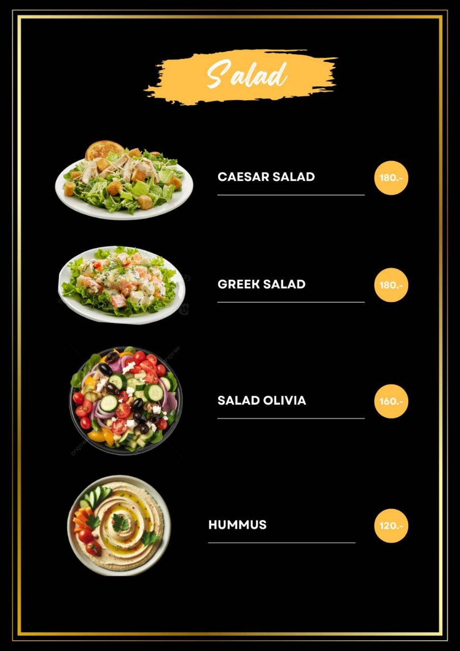 Salad menu with Caesar Salad, Greek Salad, Salad Olivia, and Hummus