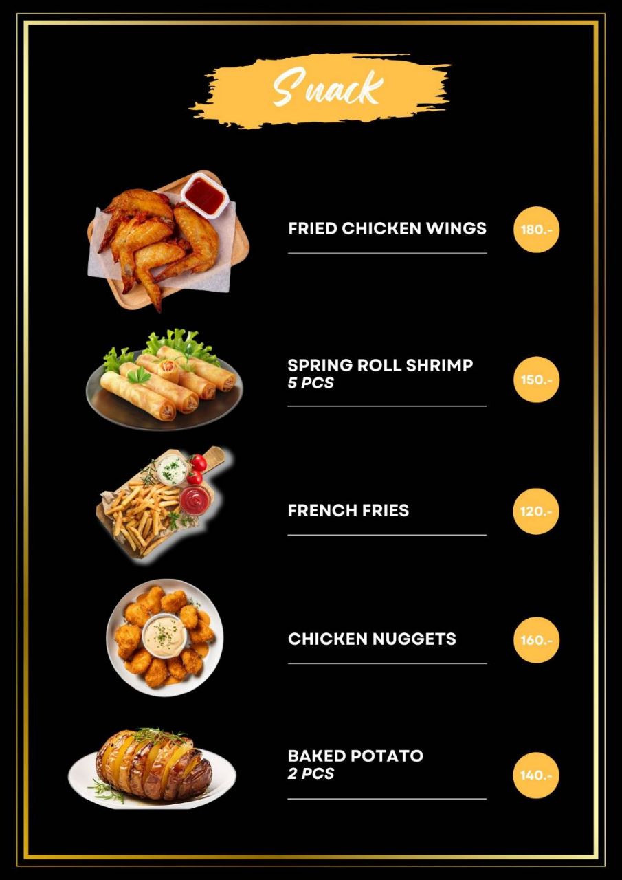 Snacks menu featuring chicken wings, spring rolls, french fries, and nuggets