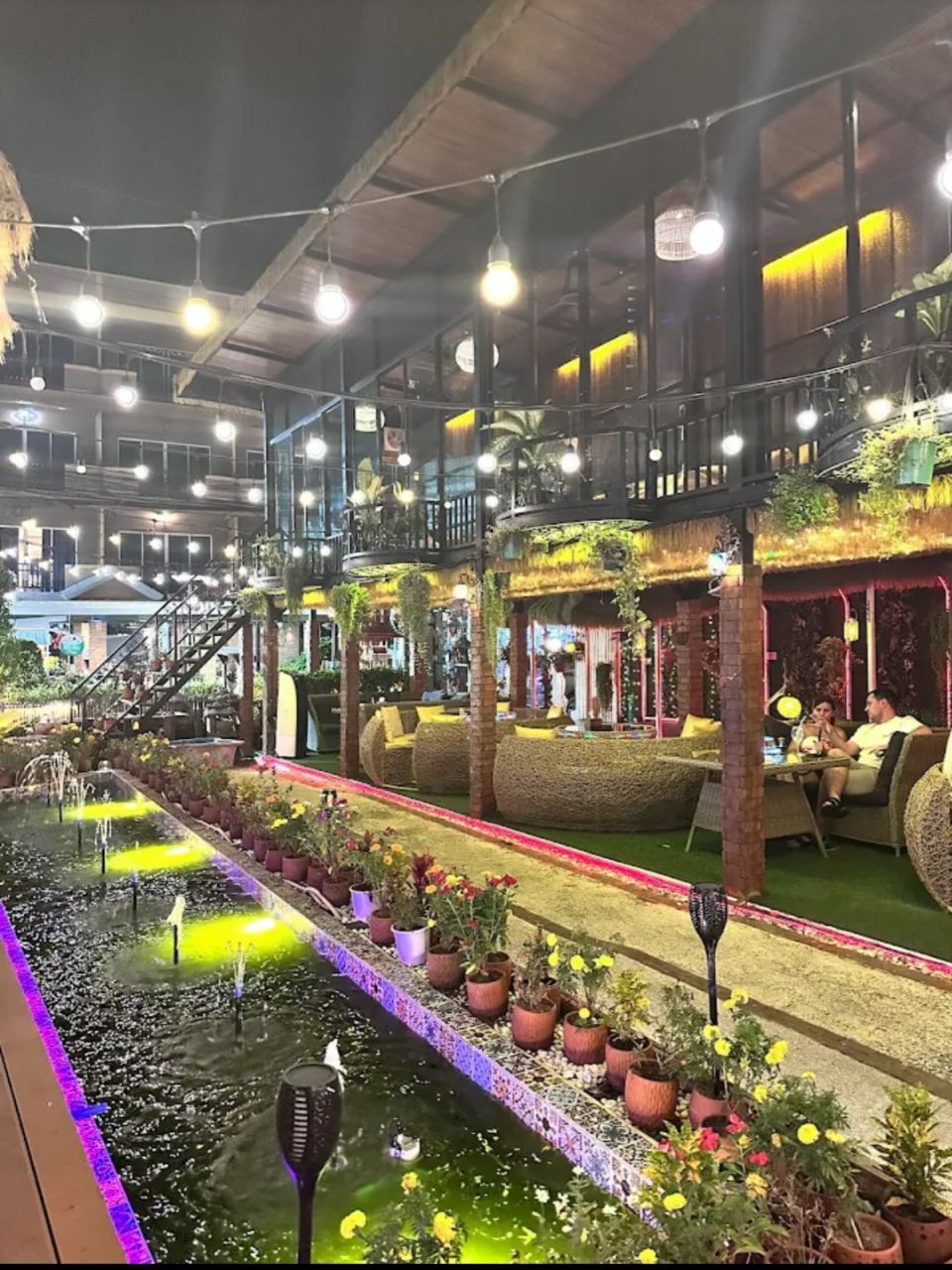 Q Garden indoor garden with water features, plants, and string lights